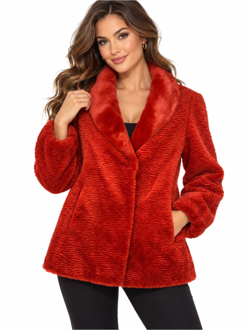 Vintage Olympia Orange Textured Faux Fur Jacket S Fitted Shawl Collar Statement